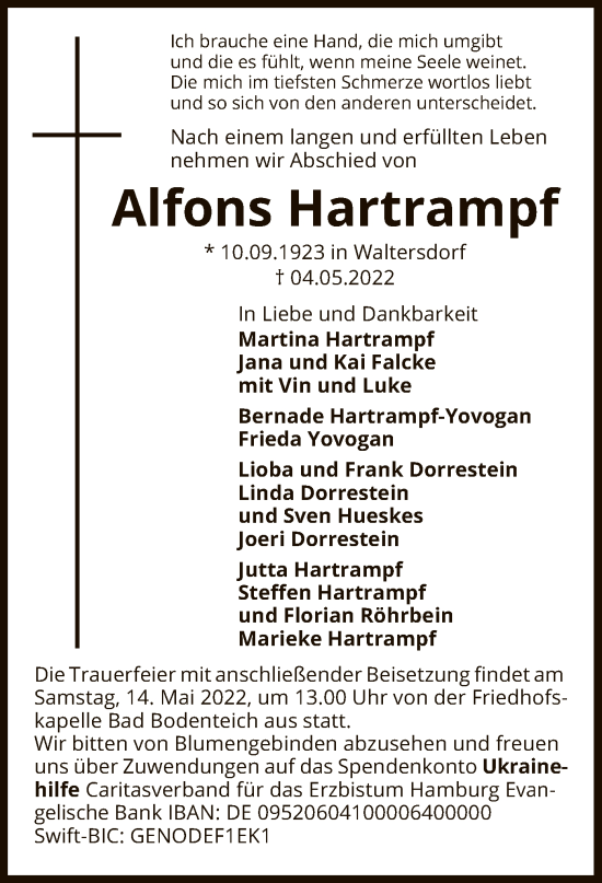 Traueranzeige von Alfons Hartrampf von UEL