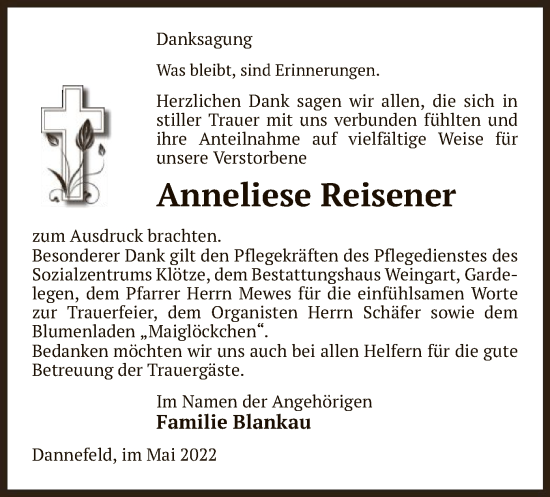 Traueranzeige von Anneliese Reisener von UEL