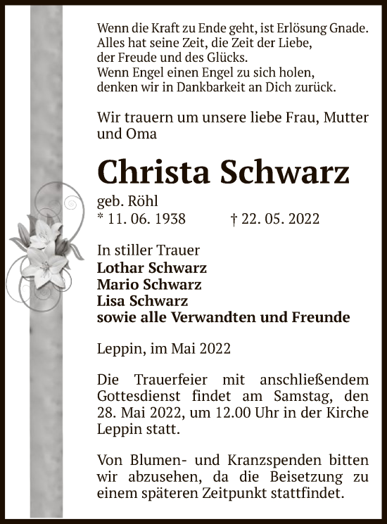 Traueranzeige von Christa Schwarz von UEL