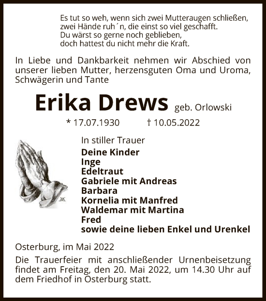 Traueranzeige von Erika Drews von UEL