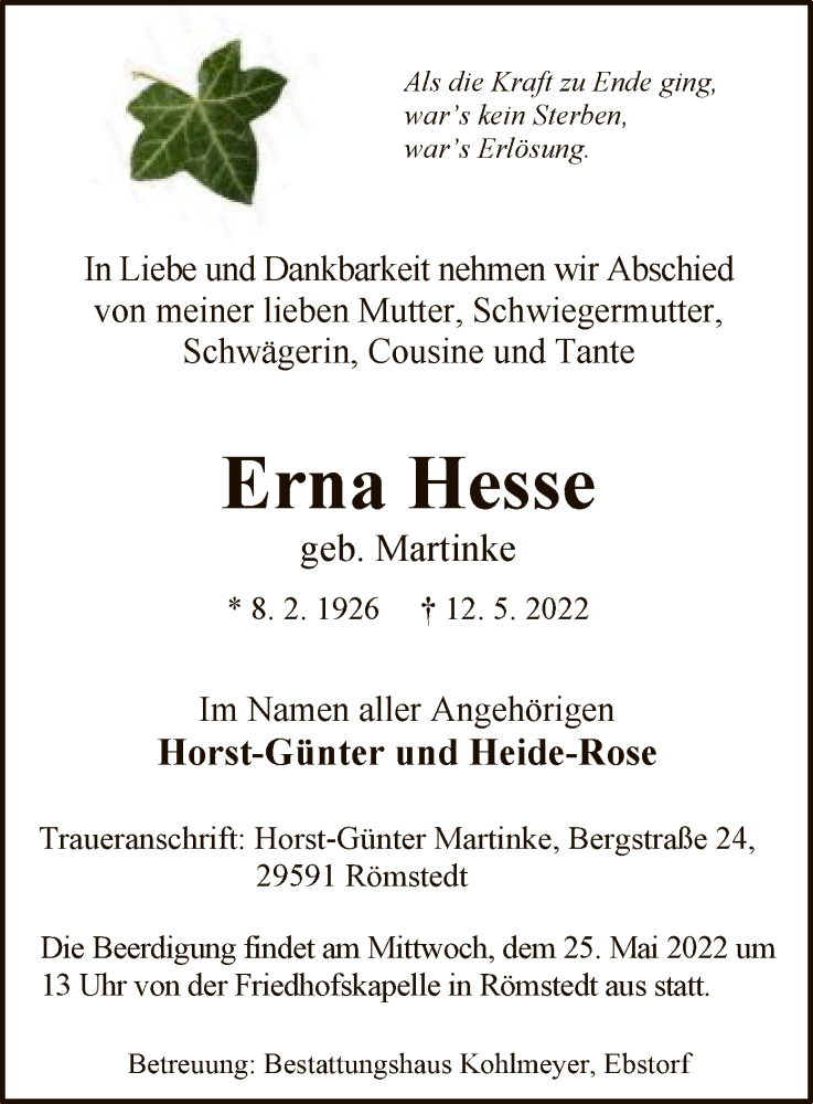  Traueranzeige für Erna Hesse vom 14.05.2022 aus UEL