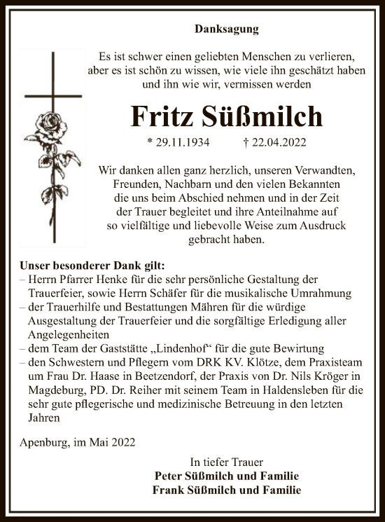 Traueranzeige von Fritz Süßmilch von UEL