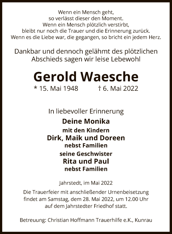 Traueranzeige von Gerold Waesche von UEL