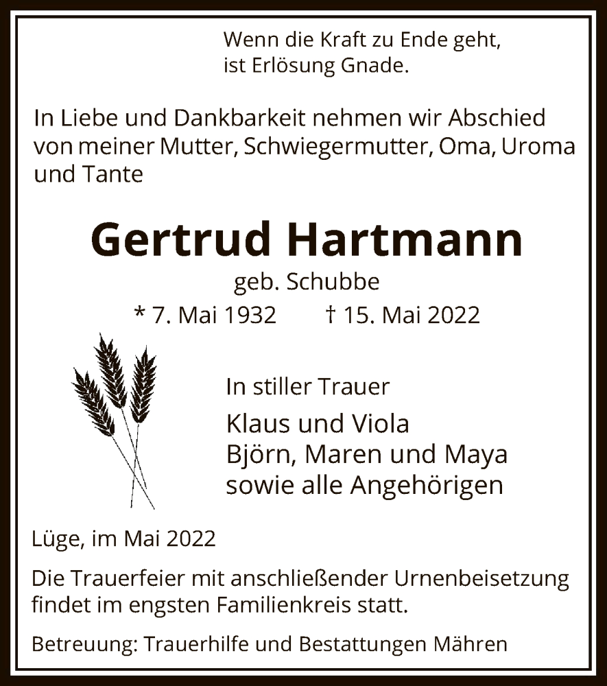  Traueranzeige für Gertrud Hartmann vom 18.05.2022 aus UEL