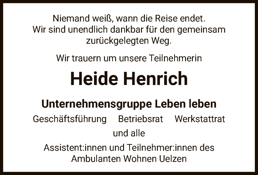  Traueranzeige für Heide Henrich vom 21.05.2022 aus UEL