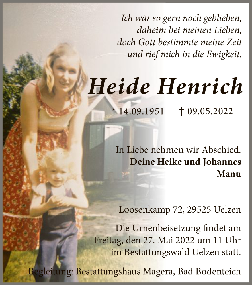 Traueranzeige für Heide Henrich vom 14.05.2022 aus UEL