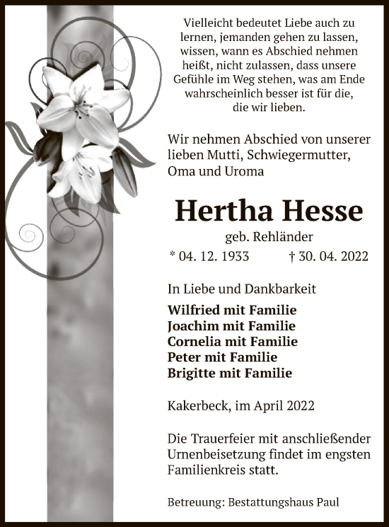 Traueranzeige von Hertha Hesse von UEL