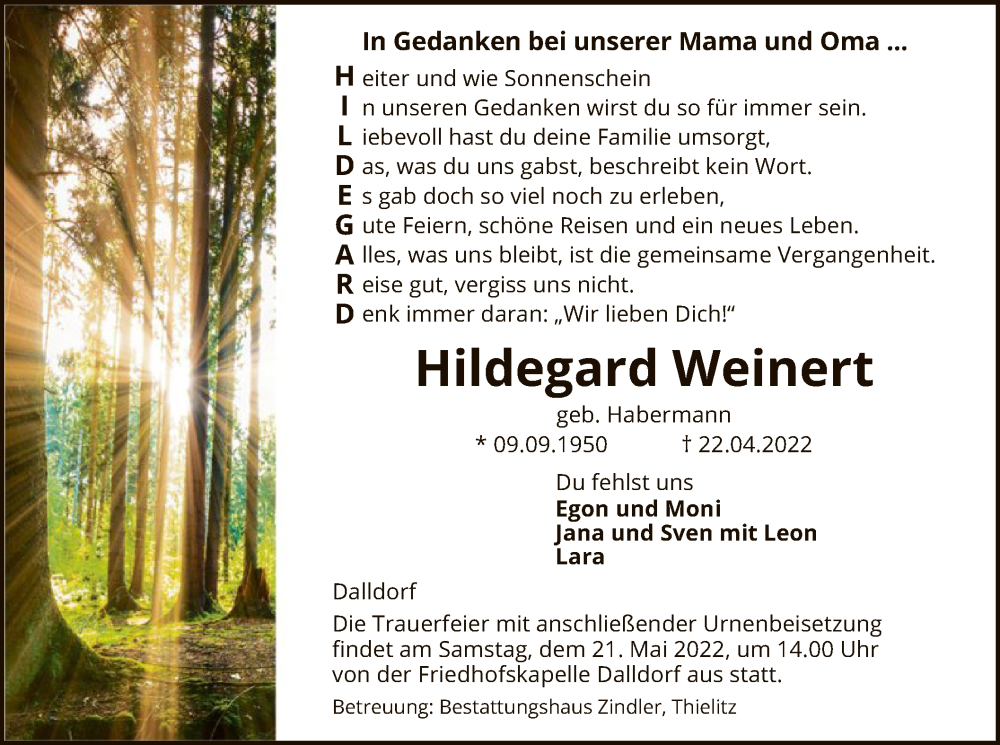  Traueranzeige für Hildegard Weinert vom 14.05.2022 aus UEL