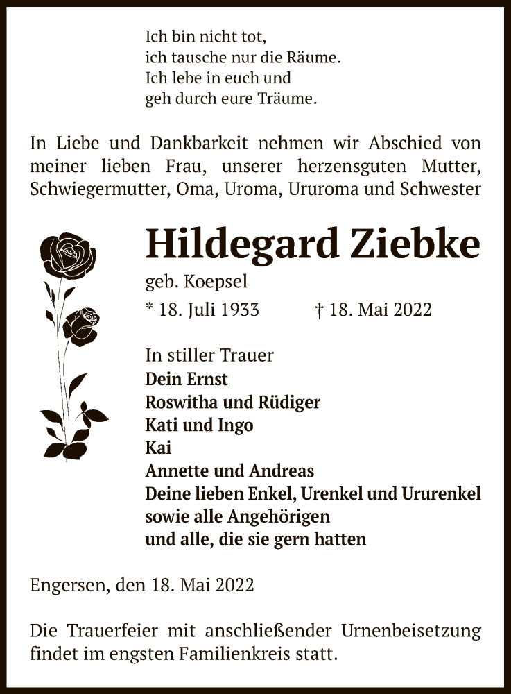  Traueranzeige für Hildegard Ziebke vom 21.05.2022 aus UEL