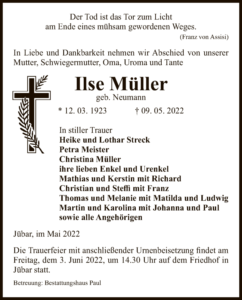  Traueranzeige für Ilse Müller vom 13.05.2022 aus UEL