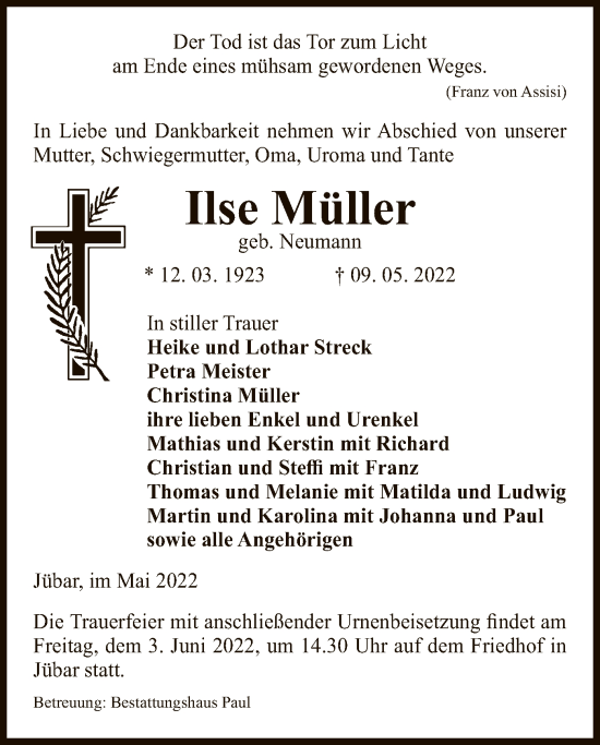 Traueranzeige von Ilse Müller von UEL