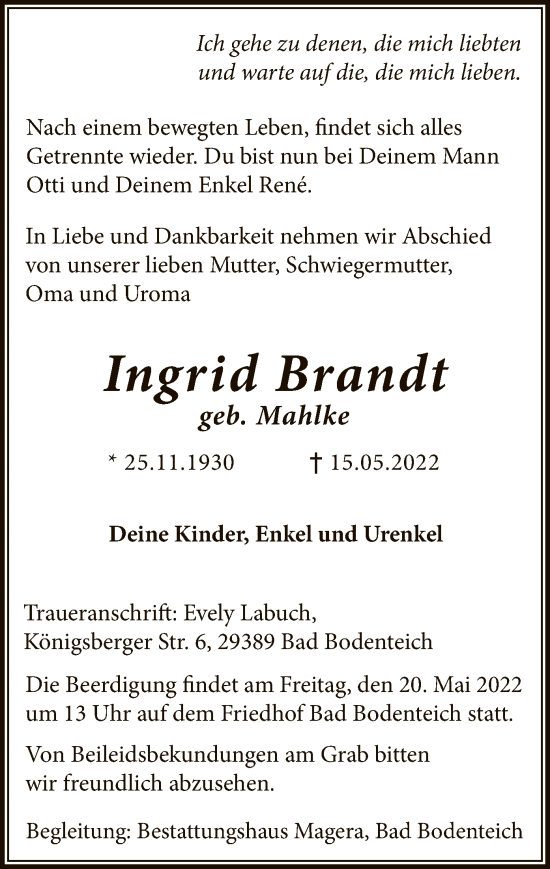 Traueranzeige von Ingrid Brandt von UEL