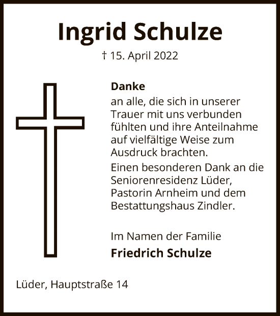 Traueranzeige von Ingrid Schulze von UEL