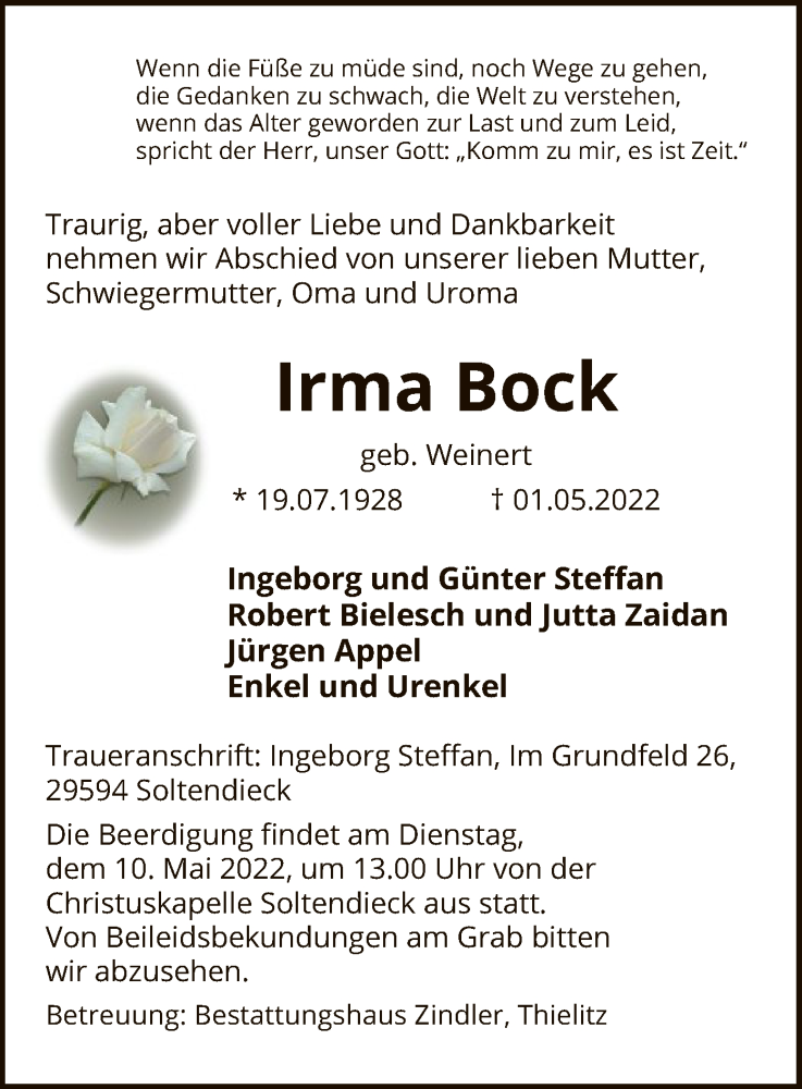  Traueranzeige für Irma Bock vom 05.05.2022 aus UEL