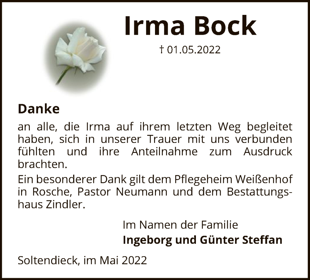  Traueranzeige für Irma Bock vom 24.05.2022 aus UEL