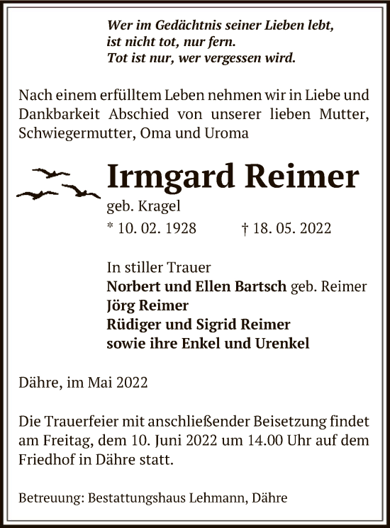 Traueranzeige von Irmgard Reimer von UEL