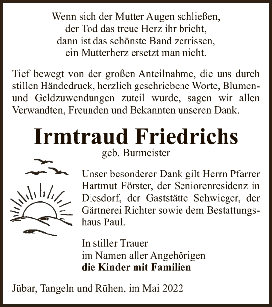 Traueranzeige von Irmtraud Friedrichs von UEL