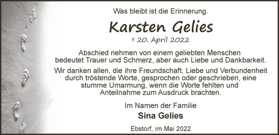 Traueranzeige von Karsten Gelies von UEL