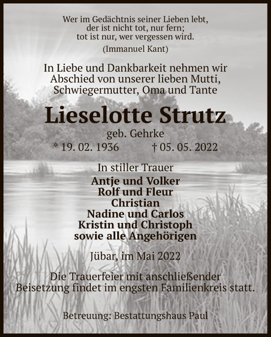 Traueranzeige von Lieselotte Strutz von UEL