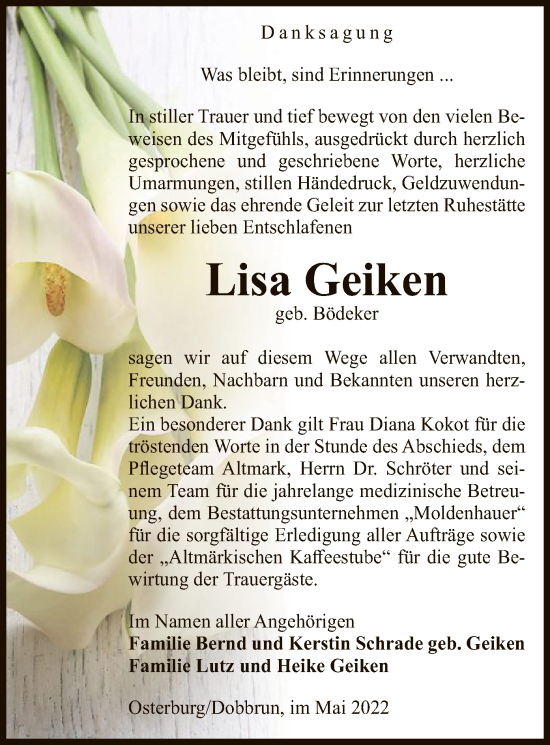 Traueranzeige von Lisa Geiken von UEL