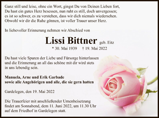 Traueranzeige von Lissi Bittner von UEL