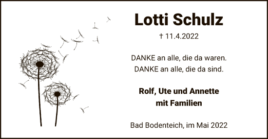 Traueranzeige von Lotti Schulz von UEL