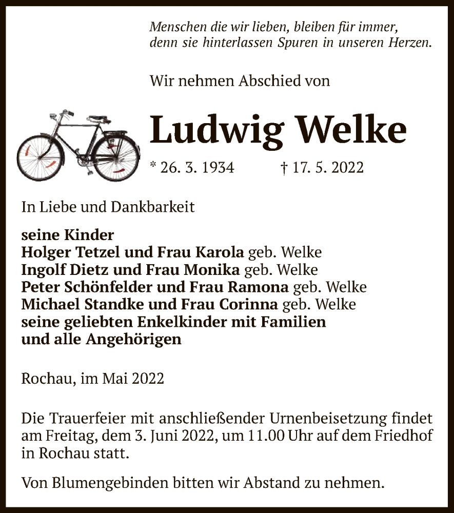  Traueranzeige für Ludwig Welke vom 20.05.2022 aus UEL