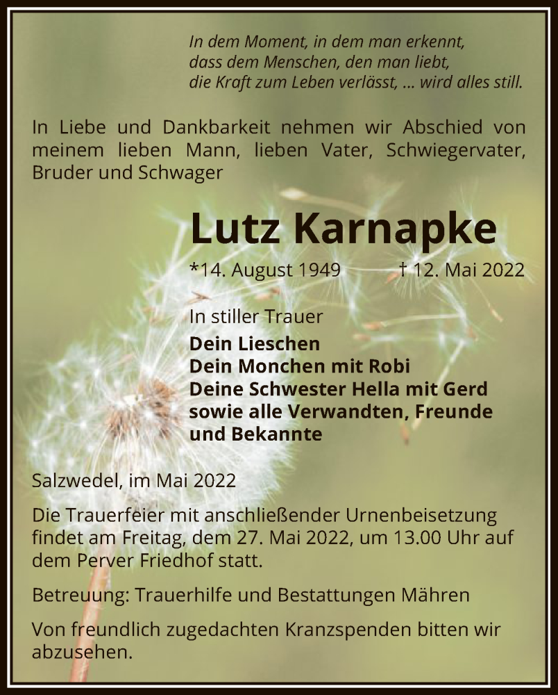  Traueranzeige für Lutz Karnapke vom 14.05.2022 aus UEL
