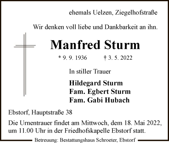 Traueranzeige von Manfred Sturm von UEL