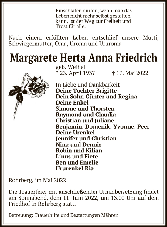 Traueranzeige von Margarete Herta Anna Friedrich von UEL