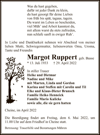 Traueranzeige von Margot Ruppert von UEL