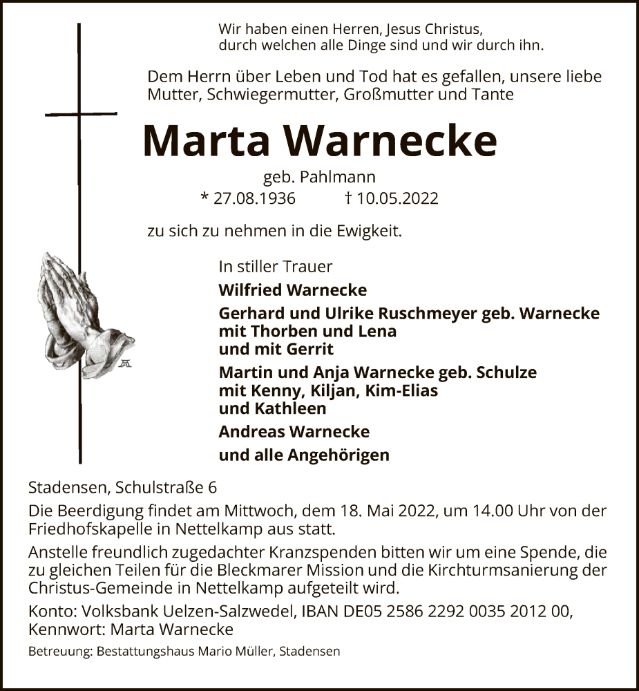  Traueranzeige für Marta Warnecke vom 14.05.2022 aus UEL