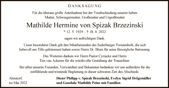 Traueranzeige von Mathilde Hermine von Spizak Brzezinski von UEL