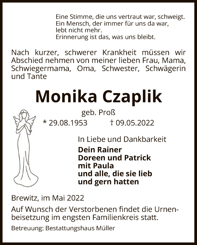  Traueranzeige für Monika Czaplik vom 12.05.2022 aus UEL