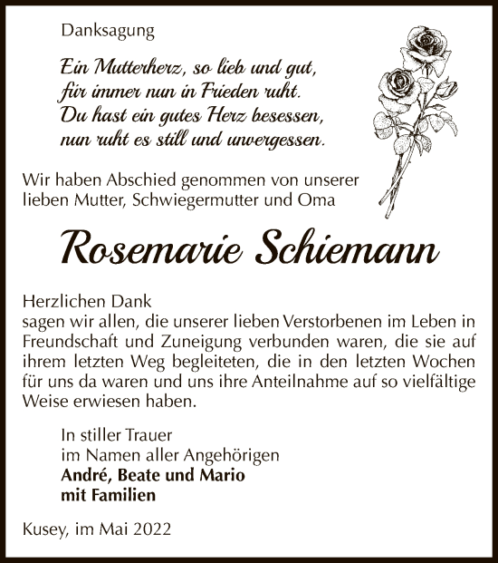 Traueranzeige von Rosemarie Schiemann von UEL