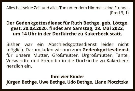 Traueranzeige von Ruth Bethge von UEL