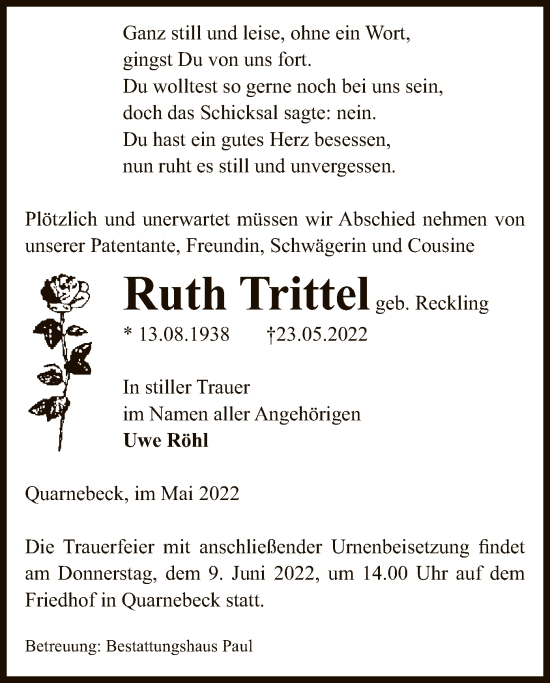 Traueranzeige von Ruth Trittel von UEL