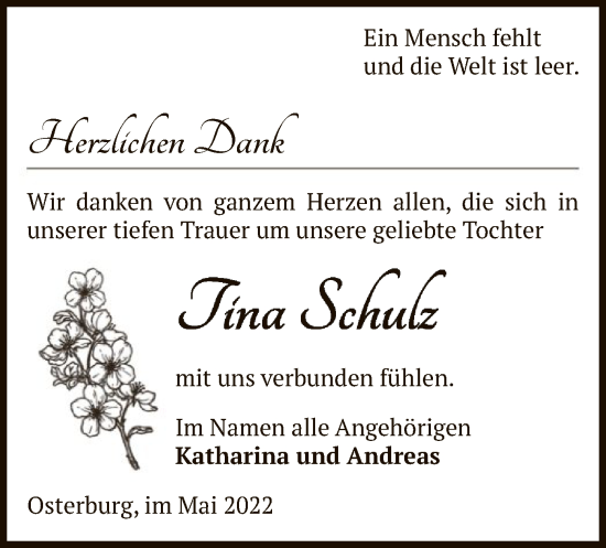 Traueranzeige von Tina Schulz von UEL