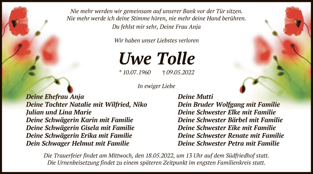  Traueranzeige für Uwe Tolle vom 14.05.2022 aus UEL