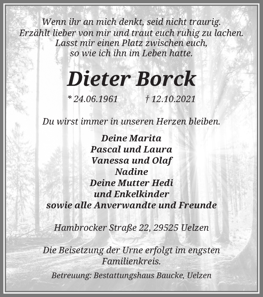  Traueranzeige für Dieter Borck vom 16.10.2021 aus UEL