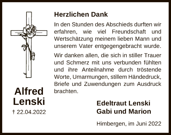 Traueranzeige von Alfred Lenski von UEL