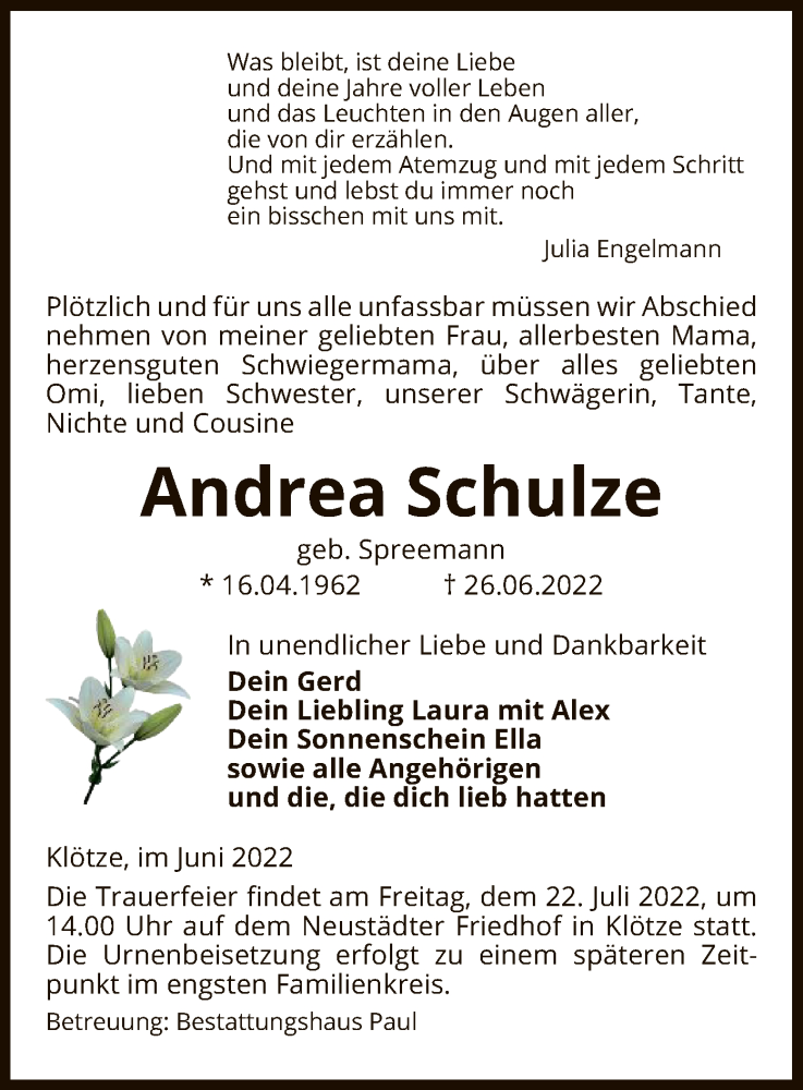  Traueranzeige für Andrea Schulze vom 30.06.2022 aus UEL
