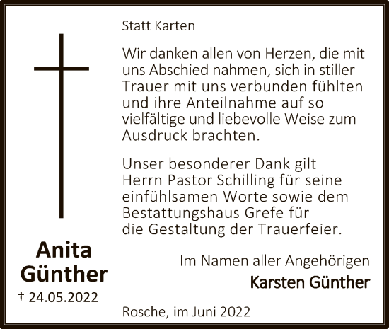 Traueranzeige von Anita Günther von UEL