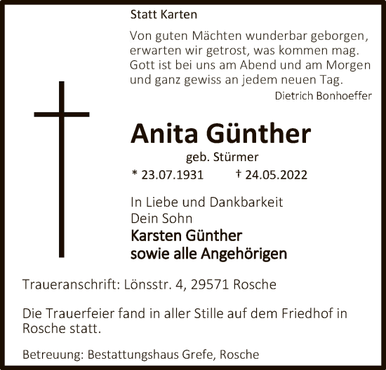 Traueranzeige von Anita Günther von UEL