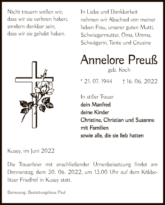 Traueranzeige von Annelore Preuß von UEL