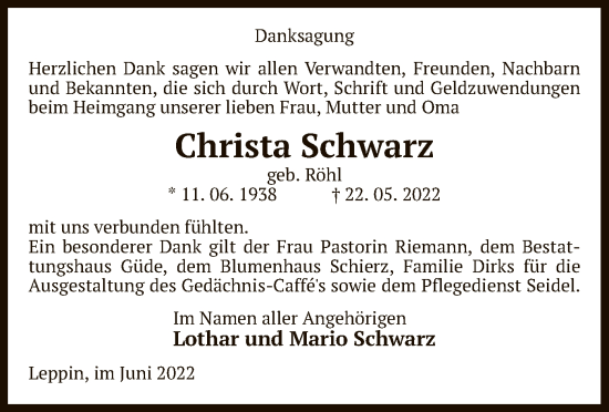 Traueranzeige von Christa Schwarz von UEL