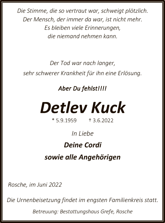 Traueranzeige von Detlev Kuck von UEL