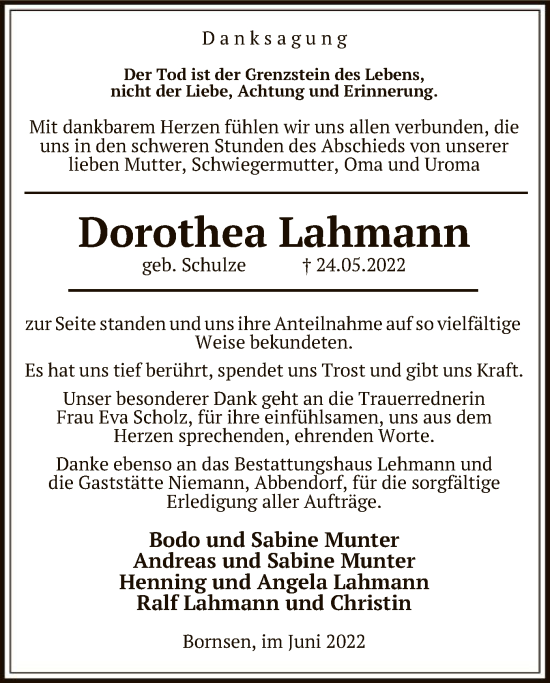 Traueranzeige von Dorothea Lahmann von UEL