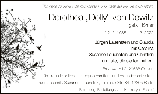 Traueranzeige von Dorothea von Dewitz von UEL