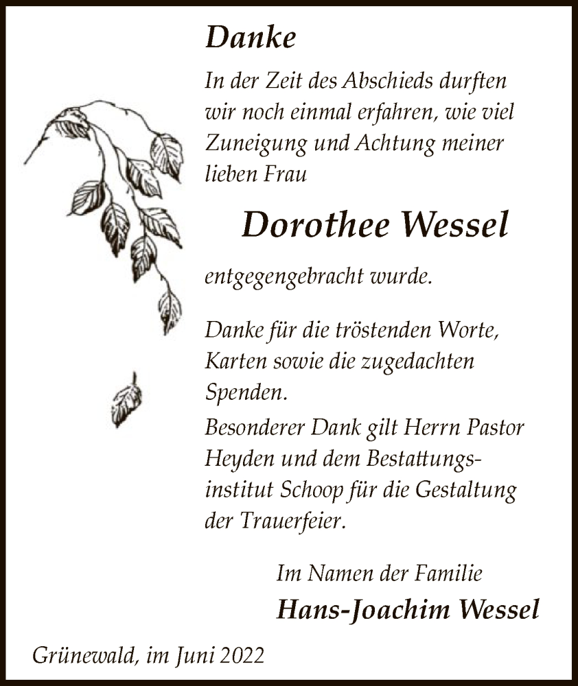  Traueranzeige für Dorothee Wessel vom 04.06.2022 aus UEL